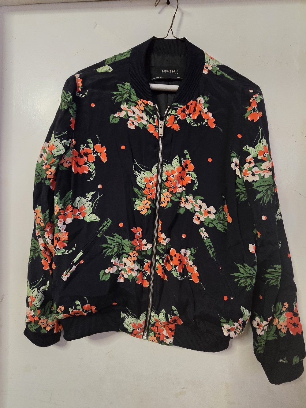 Zara Black Floral Bomber Jacket with Orange & Pink Blooms